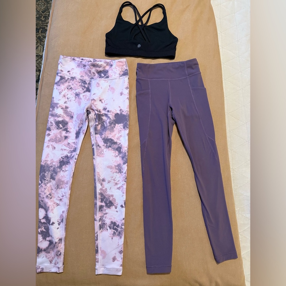 Athleta Girls sz 7 Black Bra and Purple & Tie-Dye Leggings Bundle